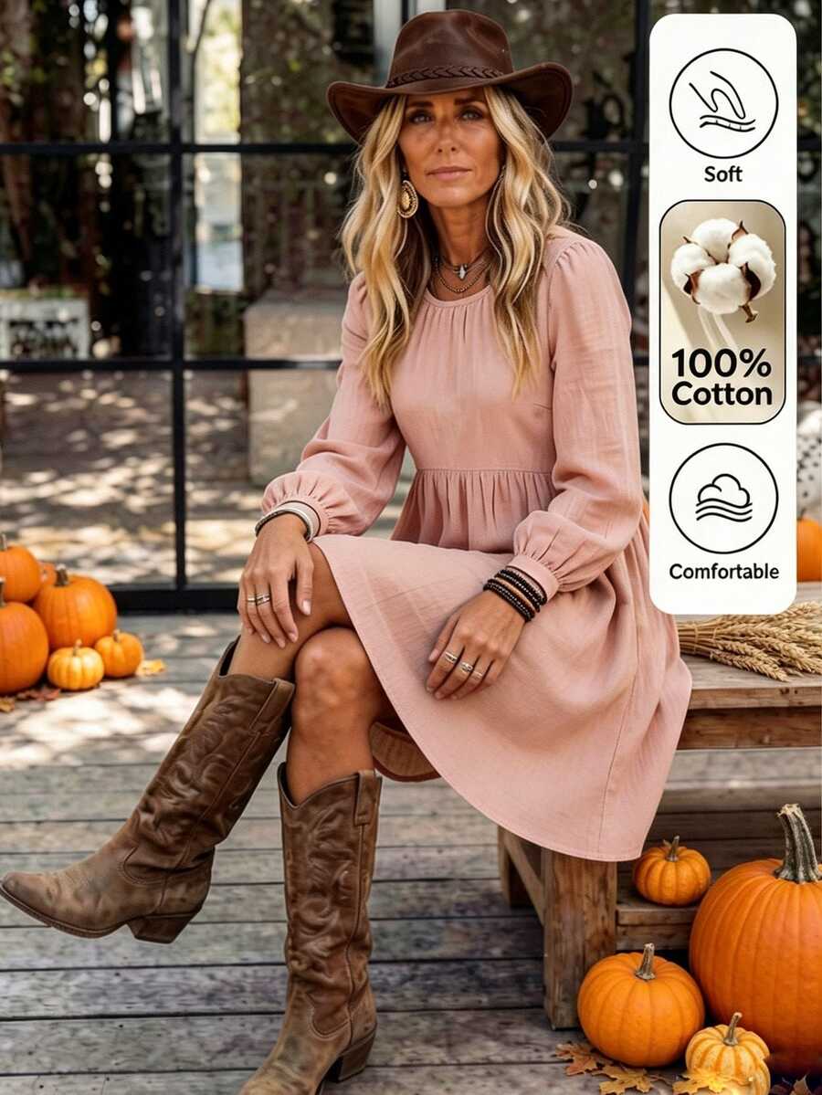 LanaWest Women's Casual Loose A-Line Lantern Sleeve Dress With Back Button Design, Suitable For Daily Wear, Vacation And Dating Occasions - Dusty Pink - View 1