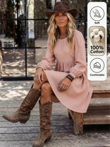 LanaWest Women's Casual Loose A-Line Lantern Sleeve Dress With Back Button Design, Suitable For Daily Wear, Vacation And Dating Occasions - Dusty Pink - View 6