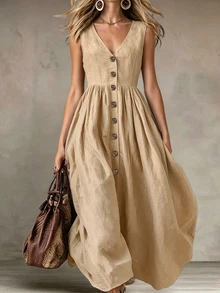 Zayélia V Neck Solid Color Sleeveless Dress Women Button Design Elegant Casual Vacation Daily Dress - Apricot - View 3