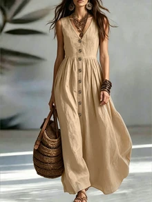 Zayélia V Neck Solid Color Sleeveless Dress Women Button Design Elegant Casual Vacation Daily Dress - Apricot - View 7