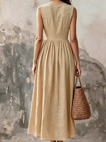 Zayélia V Neck Solid Color Sleeveless Dress Women Button Design Elegant Casual Vacation Daily Dress - Apricot - View 2