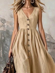 Zayélia V Neck Solid Color Sleeveless Dress Women Button Design Elegant Casual Vacation Daily Dress - Apricot - View 5