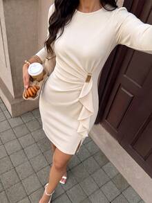 Balvessa Women's Apricot Round Neck Long Sleeve Mini Dress, Side Waist Ruched Metal Buckle Decor Ruffle Split Hem Bodycon Dress Elegant Casual Vacation Luxury - Apricot - View 5