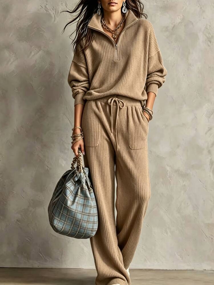 Everyssa Fall Clothes FOR WomenWomen's Knitted Casual Long-Sleeved Autumn Pullover Pants Set - Khaki - View 1