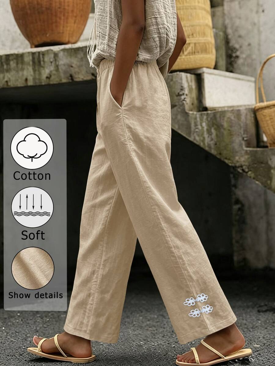 Zayélia Fashionable New Autumn Casual Women Long Pants With Frog Button Decoration, Elastic Waistband, Pockets And Leg Cuffs - Apricot - View 1
