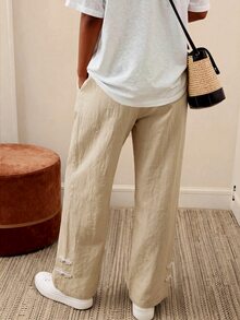 Zayélia Fashionable New Autumn Casual Women Long Pants With Frog Button Decoration, Elastic Waistband, Pockets And Leg Cuffs - Apricot - View 2