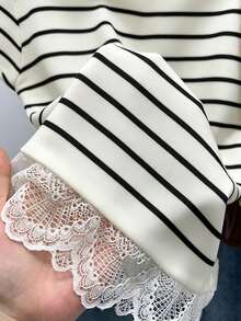 GlowEve Fall Clothes FOR WomenWomen's Casual Striped Lace Patchwork T-Shirt, Autumn/Winter - Multicolor - View 4