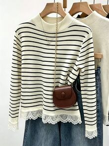 GlowEve Fall Clothes FOR WomenWomen's Casual Striped Lace Patchwork T-Shirt, Autumn/Winter - Multicolor - View 1