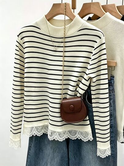 GlowEve Fall Clothes FOR WomenWomen's Casual Striped Lace Patchwork T-Shirt, Autumn/Winter