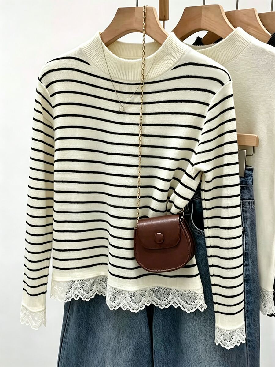 GlowEve Fall Clothes FOR WomenWomen's Casual Striped Lace Patchwork T-Shirt, Autumn/Winter - Multicolor - View 1