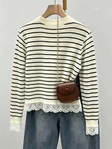 GlowEve Fall Clothes FOR WomenWomen's Casual Striped Lace Patchwork T-Shirt, Autumn/Winter - Multicolor - View 2