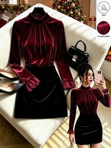 SHEIN LUNE Women's Round Neck Solid Color Cuff Lace Trim Elegant Casual Daily Commute Office Inner Layer Top T-Shirt - Burgundy - View 3
