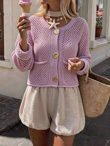 SHEIN LUNE كارديجان محبوك فضفاض كاجوال بأزرار معدنية كبيرة، موضة جديدة أوروبية وأمريكية للخريف والشتاء - وردي - مشاهدة 7