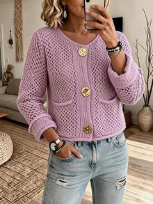 SHEIN LUNE كارديجان محبوك فضفاض كاجوال بأزرار معدنية كبيرة، موضة جديدة أوروبية وأمريكية للخريف والشتاء - وردي - مشاهدة 1