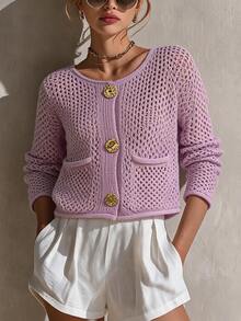 SHEIN LUNE كارديجان محبوك فضفاض كاجوال بأزرار معدنية كبيرة، موضة جديدة أوروبية وأمريكية للخريف والشتاء - وردي - مشاهدة 6