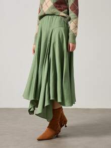 Elafinee Women's Solid Color Elastic Waist Asymmetric Hem Casual Skirt - Green - View 6