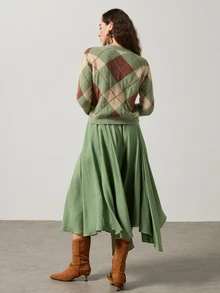Elafinee Women's Solid Color Elastic Waist Asymmetric Hem Casual Skirt - Green - View 2