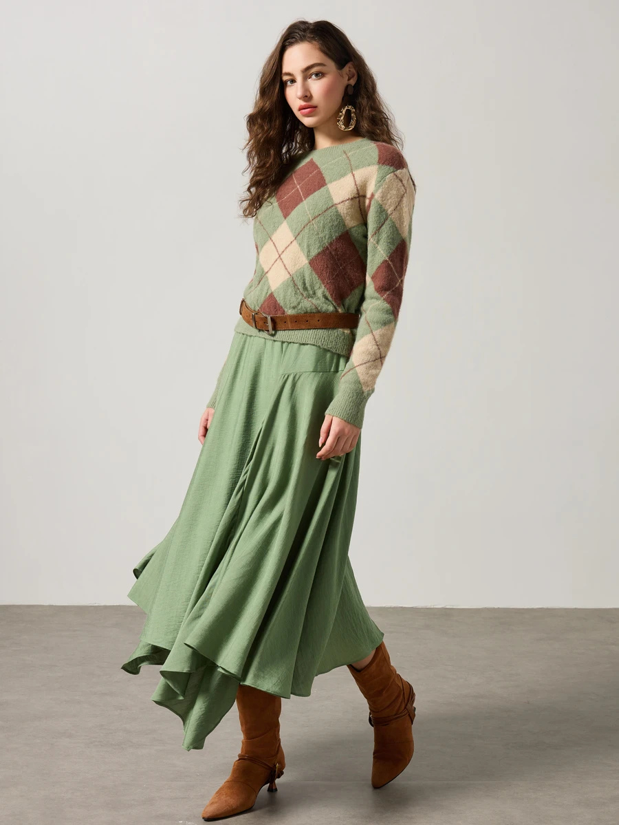 Elafinee Women's Solid Color Elastic Waist Asymmetric Hem Casual Skirt - Green - View 1