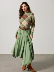 Elafinee Women's Solid Color Elastic Waist Asymmetric Hem Casual Skirt - Green - View 4
