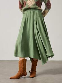 Elafinee Women's Solid Color Elastic Waist Asymmetric Hem Casual Skirt - Green - View 5