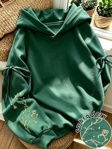 SHEIN Autumn Vintage Artistic Style Drawstring Bow Hooded Sweatshirt, Dark Green Floral Embroidery Loose Drop Shoulder Cropped Pullover Top For Daily Commute And Casual Streetwear - Green - View 1