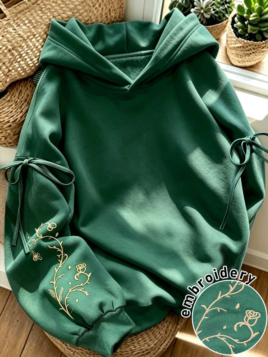 SHEIN Autumn Vintage Artistic Style Drawstring Bow Hooded Sweatshirt, Dark Green Floral Embroidery Loose Drop Shoulder Cropped Pullover Top For Daily Commute And Casual Streetwear - Green - View 1