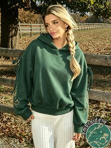 SHEIN Autumn Vintage Artistic Style Drawstring Bow Hooded Sweatshirt, Dark Green Floral Embroidery Loose Drop Shoulder Cropped Pullover Top For Daily Commute And Casual Streetwear - Green - View 2