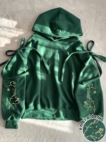 SHEIN Autumn Vintage Artistic Style Drawstring Bow Hooded Sweatshirt, Dark Green Floral Embroidery Loose Drop Shoulder Cropped Pullover Top For Daily Commute And Casual Streetwear - Green - View 4