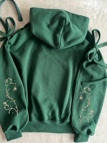 SHEIN Autumn Vintage Artistic Style Drawstring Bow Hooded Sweatshirt, Dark Green Floral Embroidery Loose Drop Shoulder Cropped Pullover Top For Daily Commute And Casual Streetwear - Green - View 5