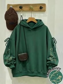 SHEIN Autumn Vintage Artistic Style Drawstring Bow Hooded Sweatshirt, Dark Green Floral Embroidery Loose Drop Shoulder Cropped Pullover Top For Daily Commute And Casual Streetwear - Green - View 3