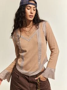 SHEIN 棕色羅紋針織格紋拼接V領長袖上衣，柔軟彈性面料，法式溫柔風，適合日常通勤與約會穿搭 - 卡其色 - 查看 7