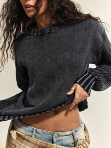 SoleilVie Women's Solid Color Casual Daily Wear Long Sleeve Sweater - Navy Blue - View 5
