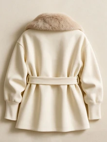 SHEIN 女款寬鬆毛領大衣，西裝領腰部繫帶短款大衣附口袋，加厚外套 - 杏色 - 查看 2
