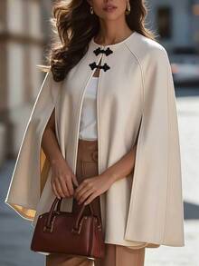 SHEIN Women's Solid Color Cape With Split Hem And Frog Buttons, Casual Elegant Wool Blend, Autumn/Winter - Apricot - View 6