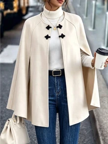 SHEIN Women's Solid Color Cape With Split Hem And Frog Buttons, Casual Elegant Wool Blend, Autumn/Winter - Apricot - View 3