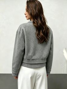 RiviMae Women's Autumn/Winter Elegant Round Neck Short Solid Color & Plaid Patchwork Open Jacket Coat, Suitable For Daily Wear And Commuting, Minimalist - Grey - View 2