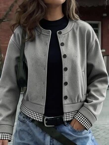 RiviMae Women's Autumn/Winter Elegant Round Neck Short Solid Color & Plaid Patchwork Open Jacket Coat, Suitable For Daily Wear And Commuting, Minimalist - Grey - View 1