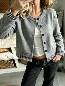 RiviMae Women's Autumn/Winter Elegant Round Neck Short Solid Color & Plaid Patchwork Open Jacket Coat, Suitable For Daily Wear And Commuting, Minimalist - Grey - View 4