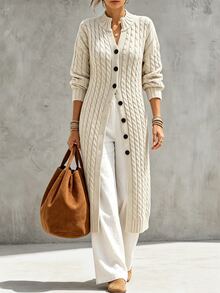 SHEIN معطف كنزة طويل للنساء بتصميم بسيط وعصري مع ياقة حبل ملتوية، كارديجان محبوك متعدد الاستخدامات للتنقل اليومي - رمادي - مشاهدة 4