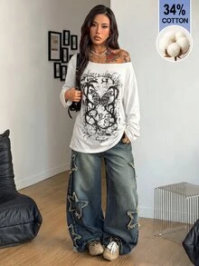 Coolane 女款白色秋季萬聖節哥德風 Y2K 丘比特圖案長袖針織上衣，不對稱領口露肩設計，演唱會穿搭萬聖節襯衫 - 白色 - 查看 4