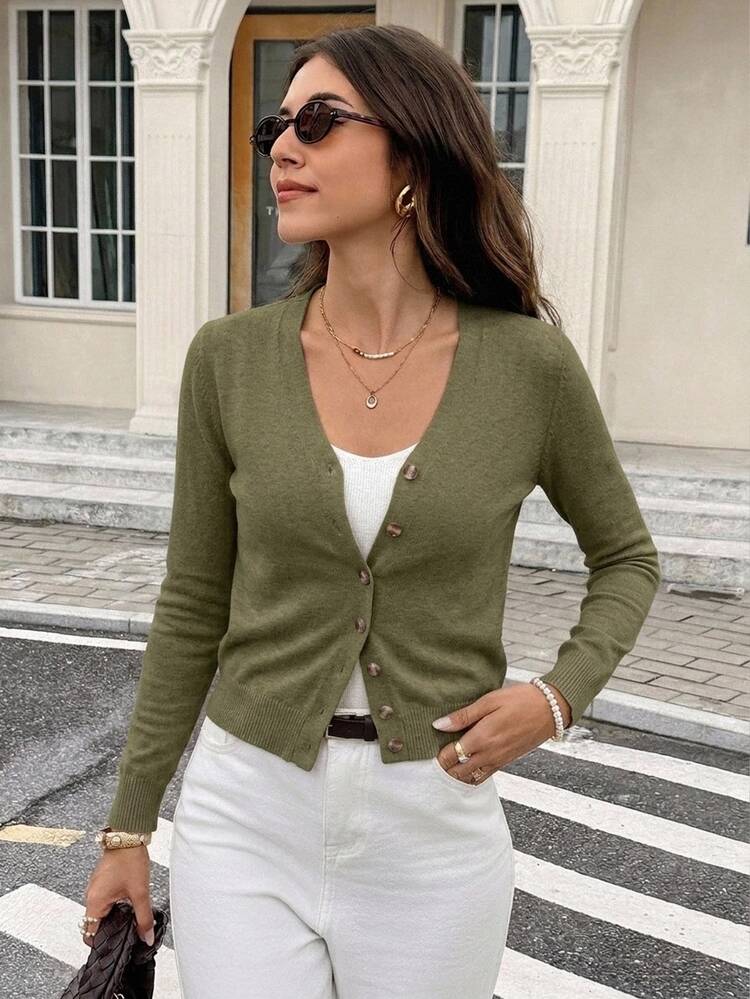 Serisse Women's Solid Color Single-Breasted Casual Long Sleeve Cardigan ,Knitted Sweater In Fall/Winter - Army Green - View 5