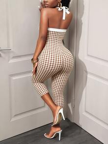 BamGleam Women's Plaid Halter Neck Tie Casual Bandage Sexy Daily Wear Party Club Going Out Jumpsuit 3/4 Pants Night Out White And Brown Plaid Summer - Multicolor - View 4