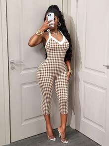 BamGleam Women's Plaid Halter Neck Tie Casual Bandage Sexy Daily Wear Party Club Going Out Jumpsuit 3/4 Pants Night Out White And Brown Plaid Summer - Multicolor - View 10