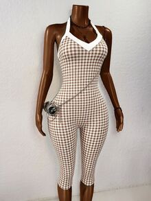 BamGleam Women's Plaid Halter Neck Tie Casual Bandage Sexy Daily Wear Party Club Going Out Jumpsuit 3/4 Pants Night Out White And Brown Plaid Summer - Multicolor - View 6