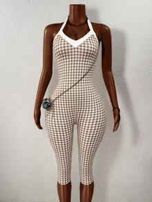 BamGleam Women's Plaid Halter Neck Tie Casual Bandage Sexy Daily Wear Party Club Going Out Jumpsuit 3/4 Pants Night Out White And Brown Plaid Summer - Multicolor - View 9