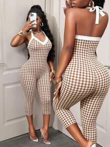BamGleam Women's Plaid Halter Neck Tie Casual Bandage Sexy Daily Wear Party Club Going Out Jumpsuit 3/4 Pants Night Out White And Brown Plaid Summer - Multicolor - View 3