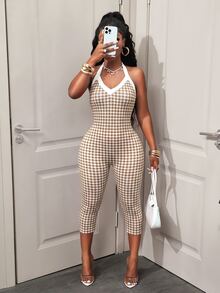 BamGleam Women's Plaid Halter Neck Tie Casual Bandage Sexy Daily Wear Party Club Going Out Jumpsuit 3/4 Pants Night Out White And Brown Plaid Summer - Multicolor - View 8
