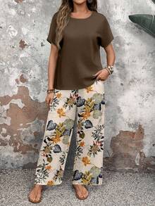 EMERY ROSE 2pcs/Set Women Casual Floral Pattern Round Neck Top And Loose Pants, Versatile Outfit Suitable For Spring And Autumn Fall Clothes For Women Fall Outfit Boho Pants,Casual - Brown - View 5