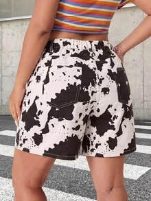 Muchica Plus Size Summer Fashion Cow Print Wrap Denim Shorts - Black and White - View 2