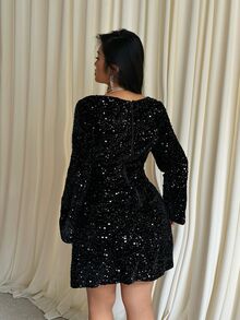 GalTyme Plus Size Women's Square Neck Long Sleeve Sequin Glamorous Dress Fall - Black - View 5